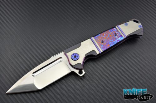 custom Andre De Villiers Ronin knife, purple anodized hardware, titanium scales with mokuti inlay and clip, satin blade s35vn steel