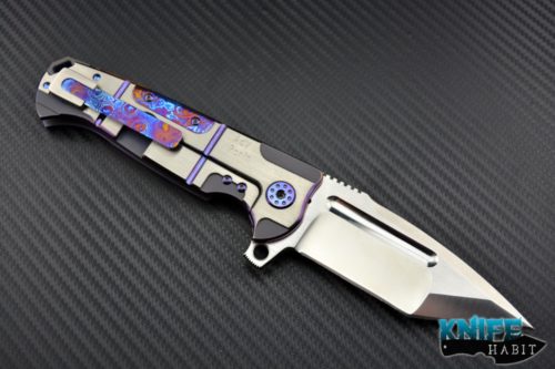 custom Andre De Villiers Ronin knife, purple anodized hardware, titanium scales with mokuti inlay and clip, satin blade s35vn steel