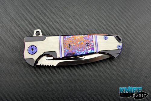 custom Andre De Villiers Ronin knife, purple anodized hardware, titanium scales with mokuti inlay and clip, satin blade s35vn steel
