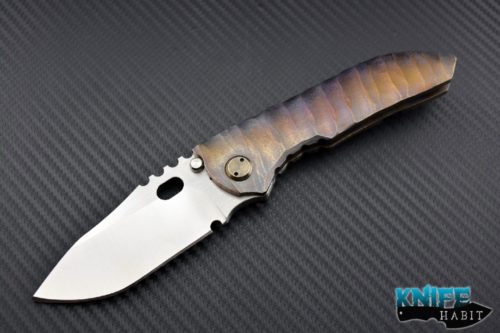 custom Dalibor Bergam Sirius Integral knife, sculpted anodized scales, colorful blue ano dockside, titanium scales, 3v blade steel