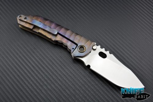 custom Dalibor Bergam Sirius Integral knife, sculpted anodized scales, colorful blue ano dockside, titanium scales, 3v blade steel