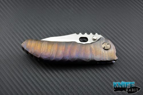 custom Dalibor Bergam Sirius Integral knife, sculpted anodized scales, colorful blue ano dockside, titanium scales, 3v blade steel