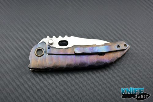 custom Dalibor Bergam Sirius Integral knife, sculpted anodized scales, colorful blue ano dockside, titanium scales, 3v blade steel