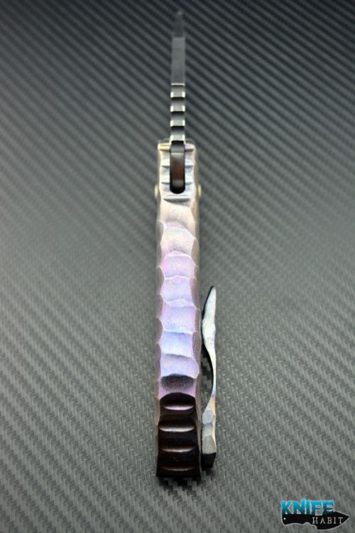 custom Dalibor Bergam Sirius Integral knife, sculpted anodized scales, colorful blue ano dockside, titanium scales, 3v blade steel