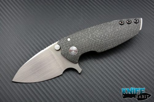 custom direware hyper-90 knife, LSCF light strike carbon fiber show side and light purple anodized titanium lock side, S110V blade steel