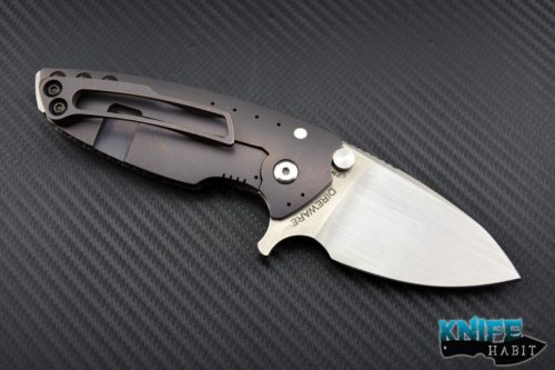 custom direware hyper-90 knife, LSCF light strike carbon fiber show side and light purple anodized titanium lock side, S110V blade steel