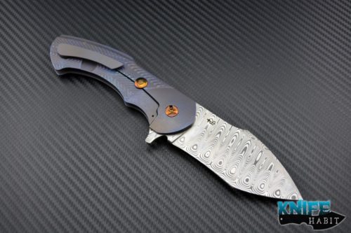 custom rick barrett fallout carry knife, blue anodized ripple frame scales, gold ano hardware, damascus blade