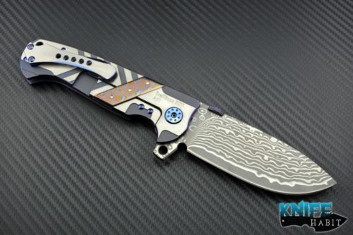 custom Andre De Villiers Ronin knife, mokuti frame inlay and backspacer, damascus blade steel, blue anodized hardware