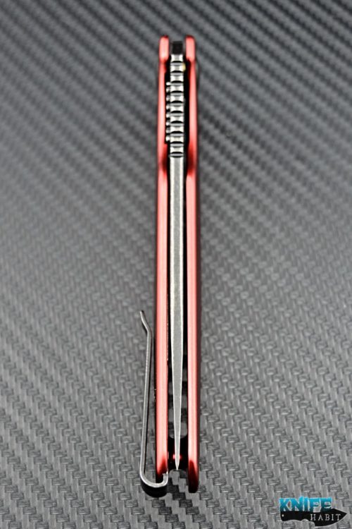 custom jason brous blades sniper, red titanium scales, d2 blade steel, acid wash blade finish