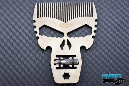 custom beard comb by Darrel Ralph and Punisher Tool multi-tool, with hex screw driver bit, platinum finish