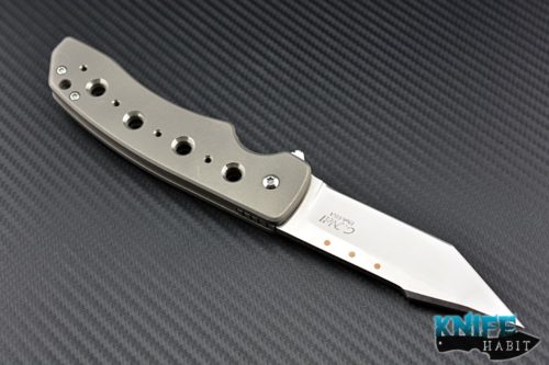 custom Chad Nell ESG knife, satin tanto blade, copper inserts, bead blasted titanium scales