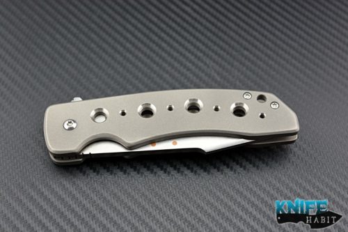 custom Chad Nell ESG knife, satin tanto blade, copper inserts, bead blasted titanium scales