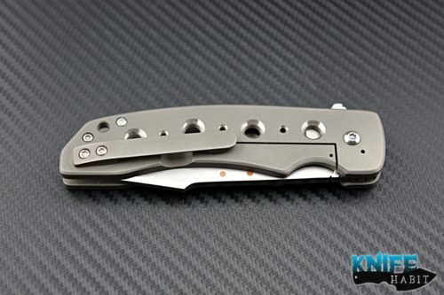 custom Chad Nell ESG knife, satin tanto blade, copper inserts, bead blasted titanium scales