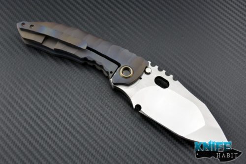 custom Dalibor Bergam Draco Complain integral knife, sculpted anodized handles, satin 3v blade steel compound grind