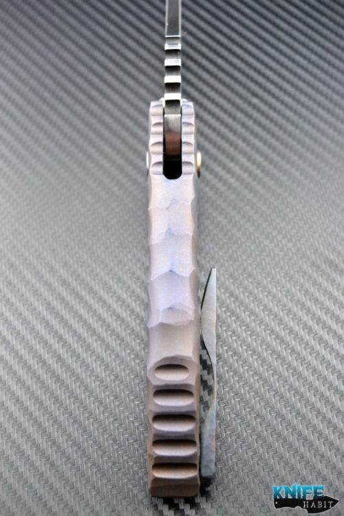 custom Dalibor Bergam Draco Complain integral knife, sculpted anodized handles, satin 3v blade steel compound grind