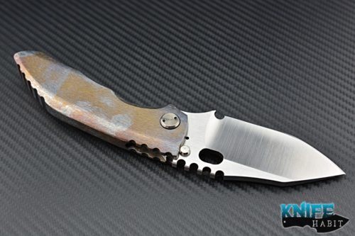 custom dalibor bergam draco integral knife, 3v satin blade steel, anodized tree bark scales