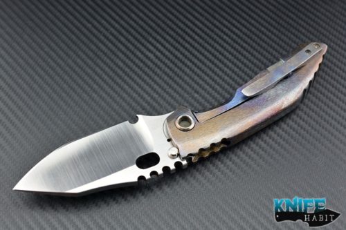 custom dalibor bergam draco integral knife, 3v satin blade steel, anodized tree bark scales