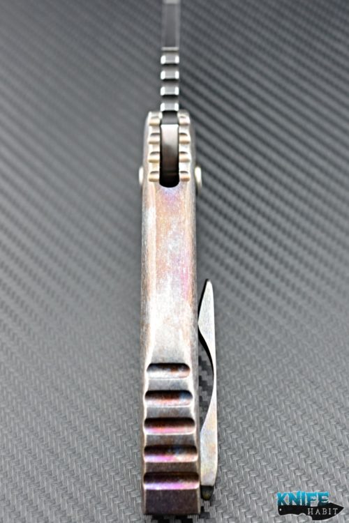 custom dalibor bergam draco integral knife, 3v satin blade steel, anodized tree bark scales