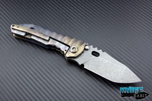custom Dalibor Bergam sirius integral knife, sculpted anodized handles, acid wash 3v blade steel