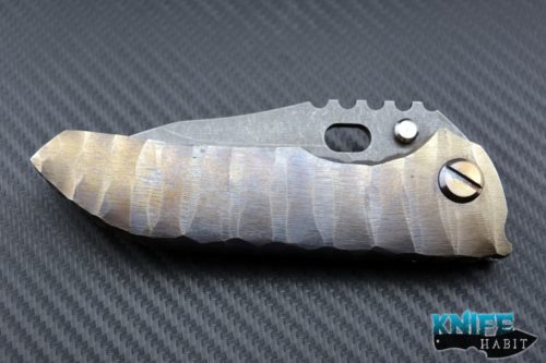 custom Dalibor Bergam sirius integral knife, sculpted anodized handles, acid wash 3v blade steel