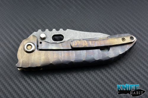 custom Dalibor Bergam sirius integral knife, sculpted anodized handles, acid wash 3v blade steel