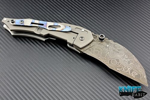 custom Dwaine Carillo Iron Rhino M250 Cobra M4, alabama damascus blade, blue flame anodized titanium clip