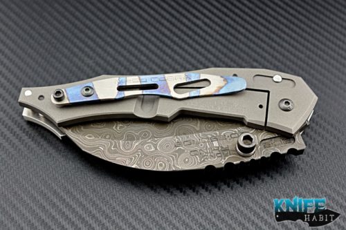 custom Dwaine Carillo Iron Rhino M250 Cobra M4, alabama damascus blade, blue flame anodized titanium clip