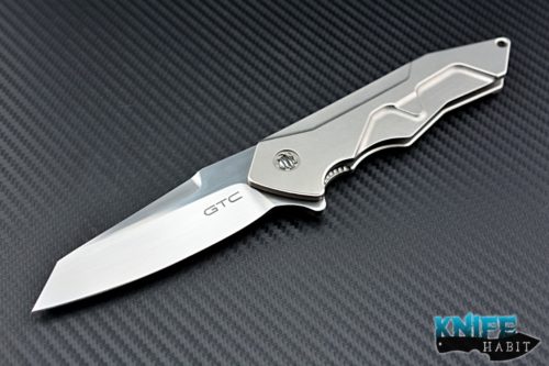 custom GTC G-force 2 knife, titanium scales, blue clip and backspace, satin blade finish