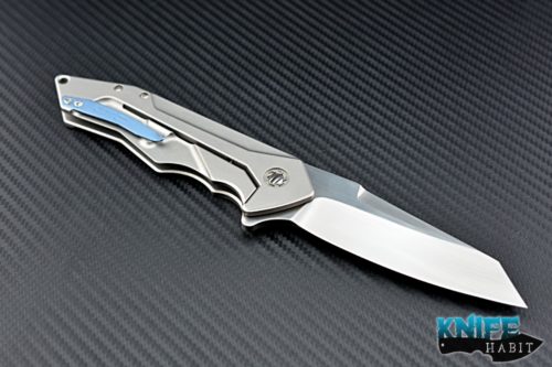 custom GTC G-force 2 knife, titanium scales, blue clip and backspace, satin blade finish