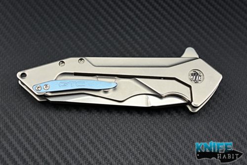 custom GTC G-force 2 knife, titanium scales, blue clip and backspace, satin blade finish