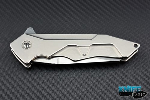 custom GTC G-force 2 knife, titanium scales, blue clip and backspace, satin blade finish