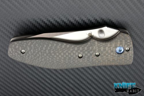 custom Kirby Lambert Orion MGT knife, copper light strike carbon fiber LSCF bolsters, carbon fiber scales, blue anodized hardware, compound grind blade