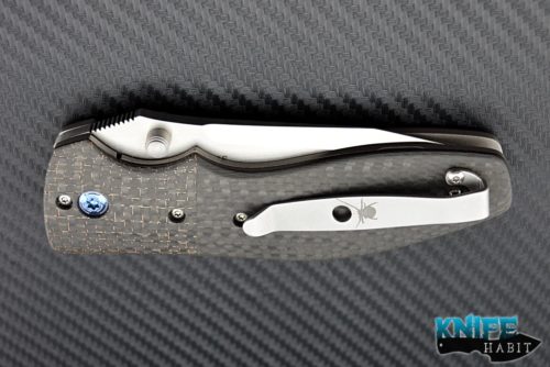 custom Kirby Lambert Orion MGT knife, copper light strike carbon fiber LSCF bolsters, carbon fiber scales, blue anodized hardware, compound grind blade