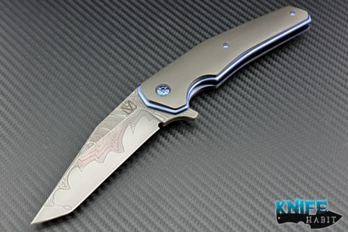 custom Les Voorhies Model 15 knife, zirconium scales, floating backspacer and clip, san mai damascus blade, blue anodized liner lock