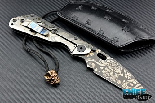 custom Mick Strider MSC SMF Sakura Kami knife, Starlingear artwork graphic on blade and titanium lockside with bead