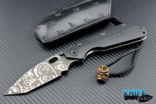 custom Mick Strider MSC SMF Sakura Kami knife, Starlingear artwork graphic on blade and titanium lockside with bead