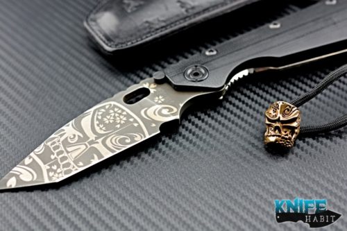 custom Mick Strider MSC SMF Sakura Kami knife, Starlingear artwork graphic on blade and titanium lockside with bead