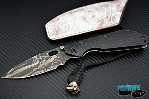 custom Mick Strider MSC SMF Tengu knife, Starlingear artwork graphic on blade and titanium lockside with bead