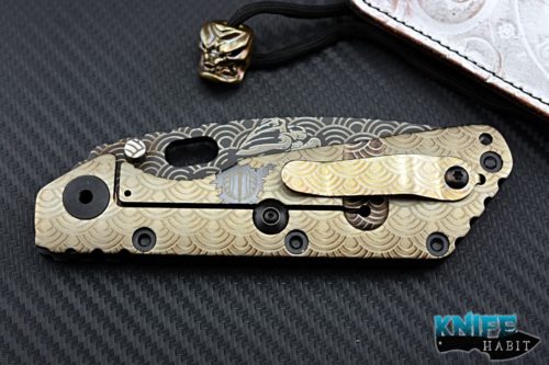 custom Mick Strider MSC SMF Tengu knife, Starlingear artwork graphic on blade and titanium lockside with bead