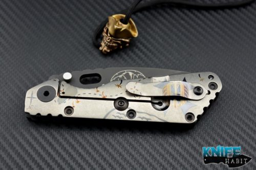 custom Mick Strider MSC SMF The Captain knife, Starlingear artwork on blade, titanium scales, bead