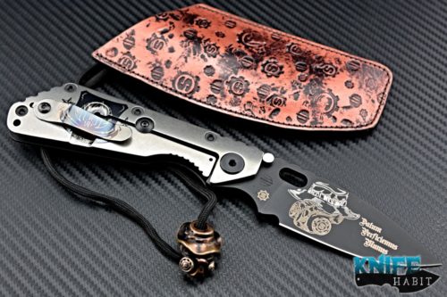 custom Mick Strider MSC SMF The Operator knife, Starlingear artwork graphic on blade and titanium lockside with bead