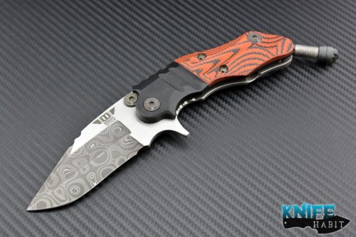 custom Mikkel Willumsen CWC knife, damascus grind blade satin flats, orange g10 titanium scales