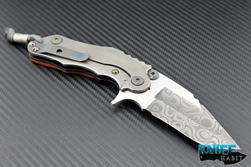 custom Mikkel Willumsen CWC knife, damascus grind blade satin flats, orange g10 titanium scales