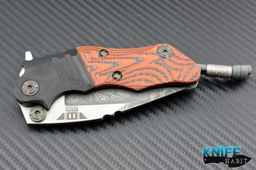 custom Mikkel Willumsen CWC knife, damascus grind blade satin flats, orange g10 titanium scales