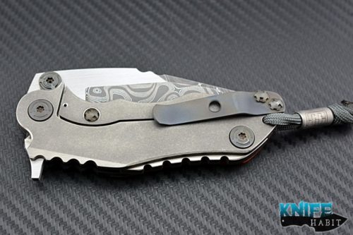 custom Mikkel Willumsen CWC knife, damascus grind blade satin flats, orange g10 titanium scales