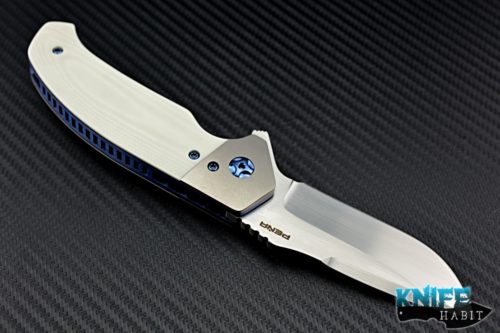custom Pena 3.5 Diesel knife, titanium bolsters, blue anodized liner and hardware, white g10, satin blade