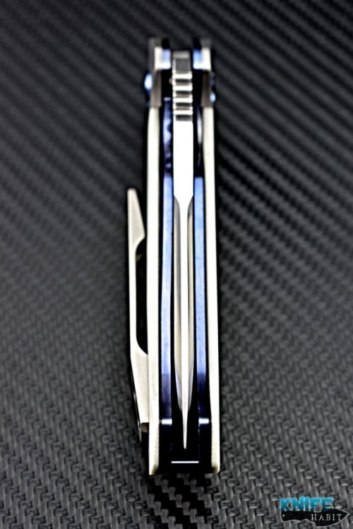 custom Pena 3.5 Diesel knife, titanium bolsters, blue anodized liner and hardware, white g10, satin blade