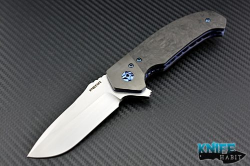 custom Pena 3.5 Diesel knife, zirconium bolsters and clip, marbled marbon fiber scales, blue hardware, liner, backspacer