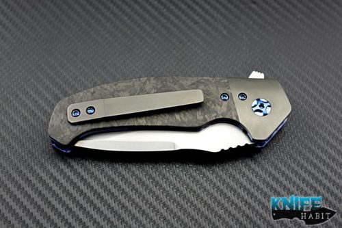 custom Pena 3.5 Diesel knife, zirconium bolsters and clip, marbled marbon fiber scales, blue hardware, liner, backspacer