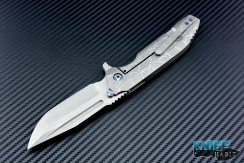 custom Peter Rassenti 3.5 Snafu integral knife, desert prism titanium scales and clip, blue hardware